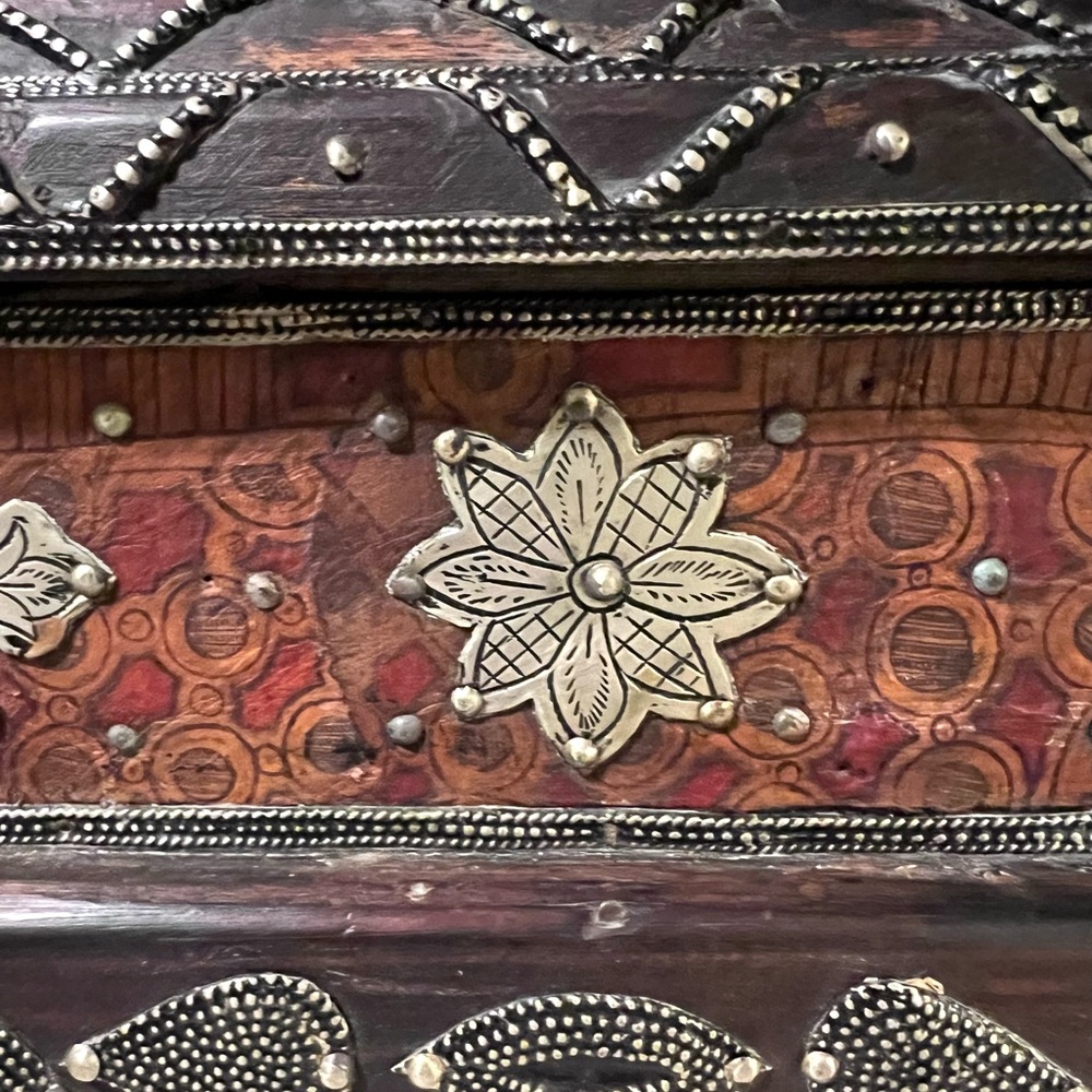 Ornate Moroccan Wooden and Leather Jewelry Box with Silver and Stone Accents - Picture 9 of 16